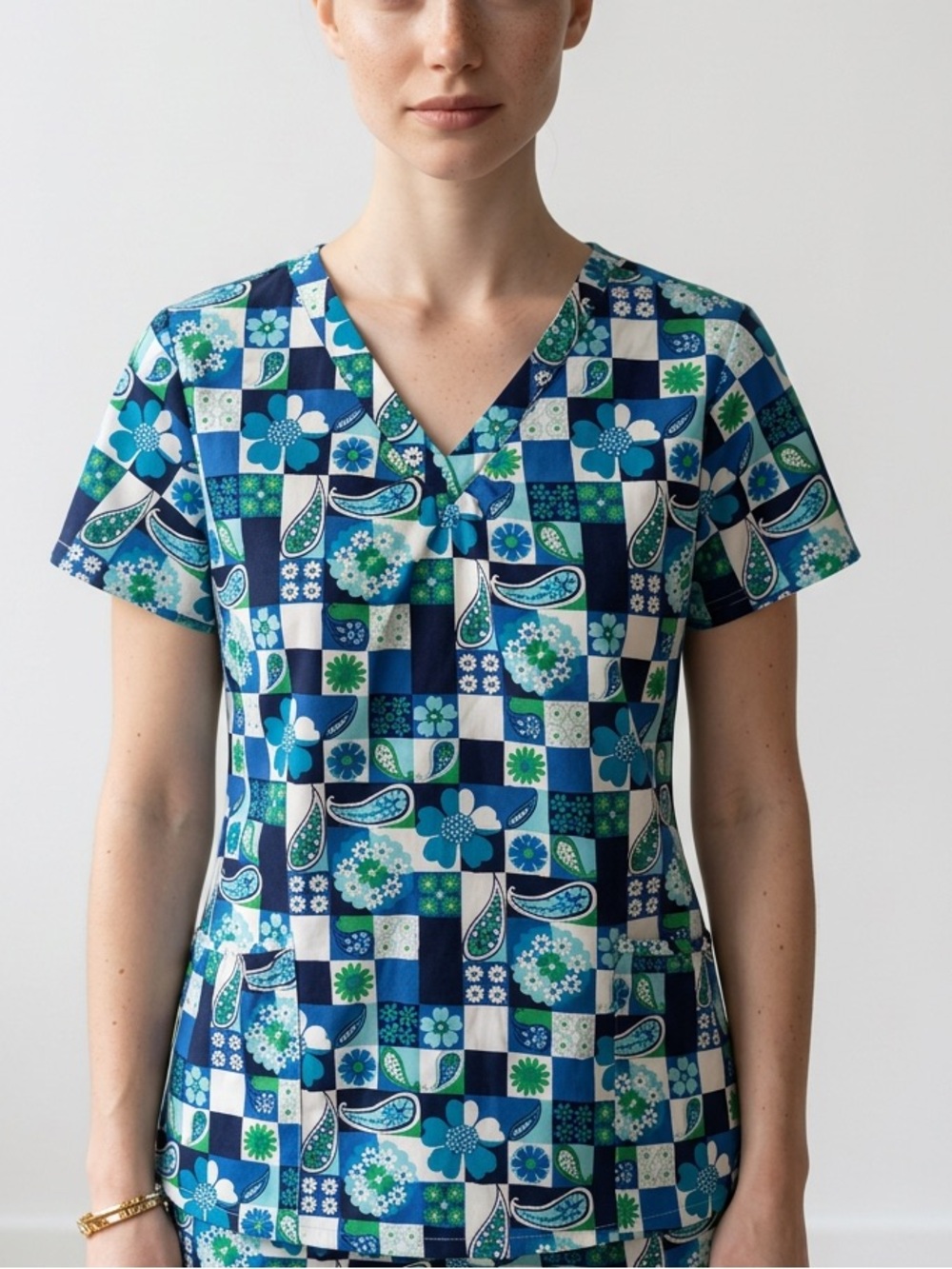 White Cross Blue & Green Patchwork Floral V-Neck Short Sleeve Top